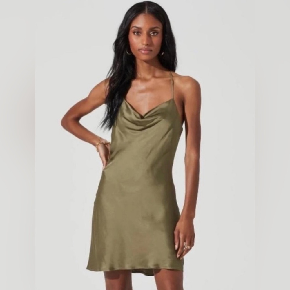 ASTR The Label Olive Green Satin Cowl Neck Mini Dress